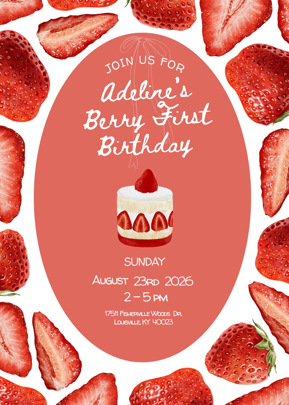 Join us for Adeline's Berry First Birthday. Sunday, August 23rd 2026, 2 to 5 PM. 17511 Fisherville Woods Dr, Louisville, KY 40023.